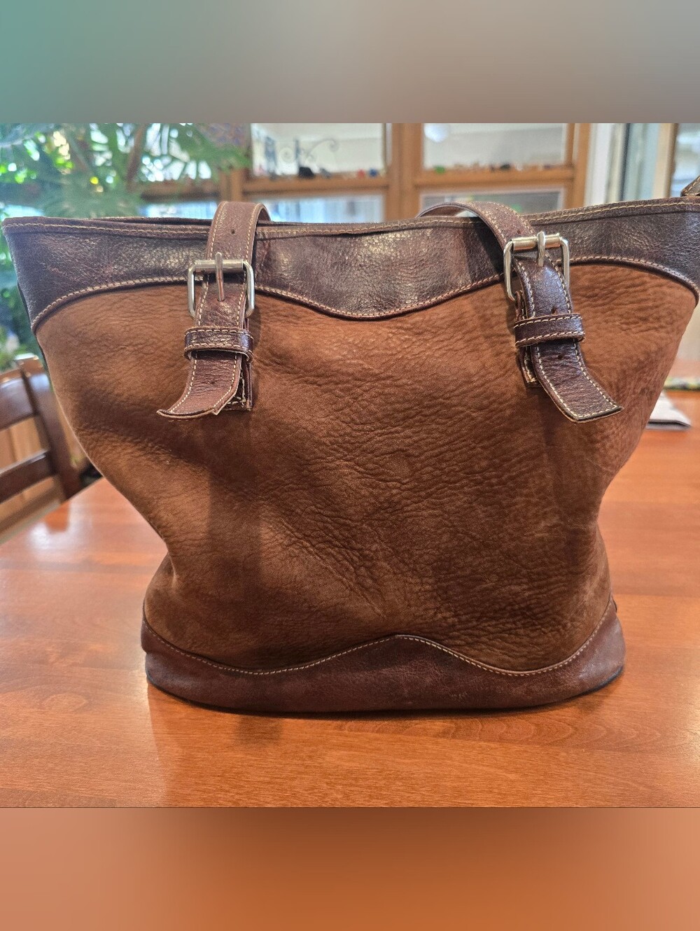 Vtg 60s 70s Brown Distressed Lg Tote Bag Double Handles Zip Buckle Inner Pockets